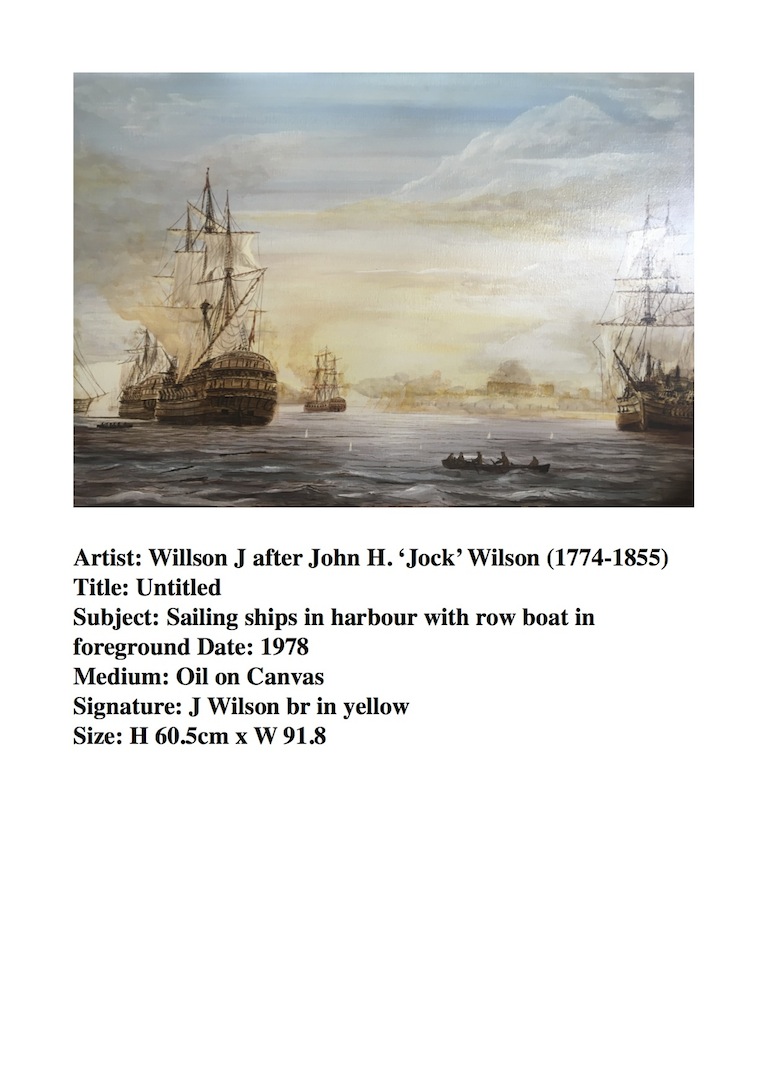 Wilson J after John H 'Jock" Wilson | Sailing Ships in Harbour with row boat in foreground | oil on canvas | McAtamney Gallery and Design Store | Geraldine NZ